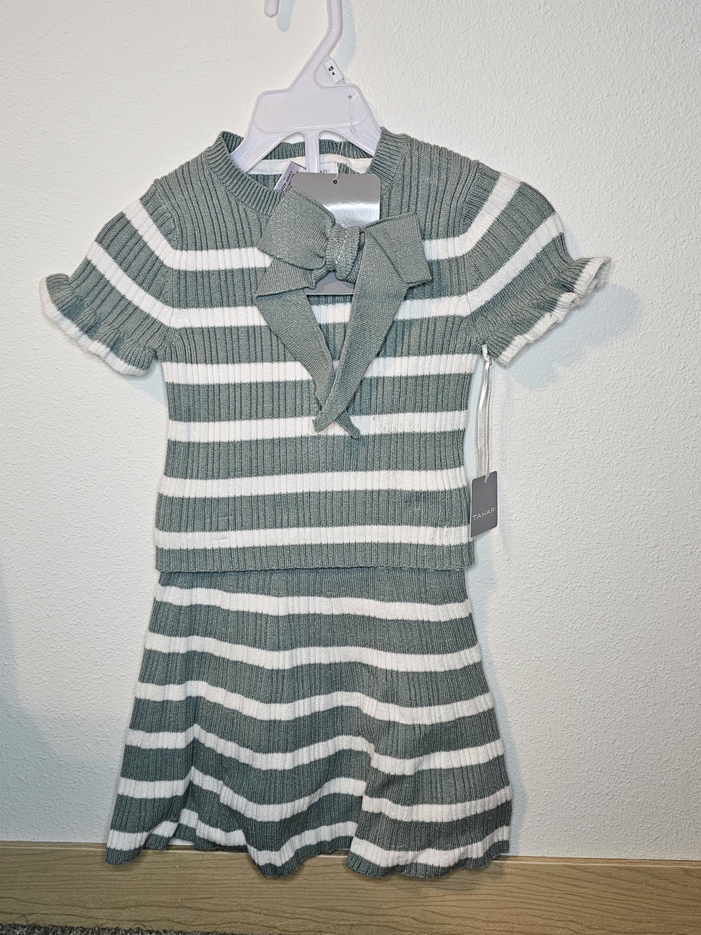 Tahari Sage and White Striped Knit Bow Dress